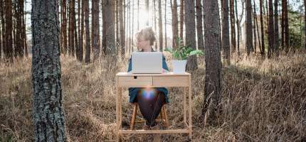Eine Frau sitzt mit Laptop an einem Holz-Schreibtisch mitten im Wald.