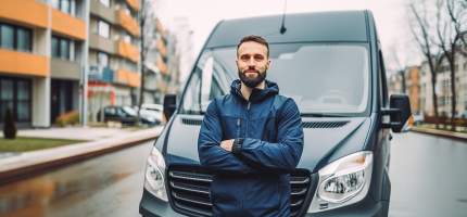 Ein Mann steht vor seinem Lieferwagen.