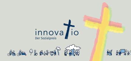 Logo innovatio Sozialpreis mit buntem Kreuz.