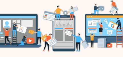 Illustration von Menschen, die verschiedene digitale Bausteine und Inhalte in einem Handydisplay zusammenfügen.