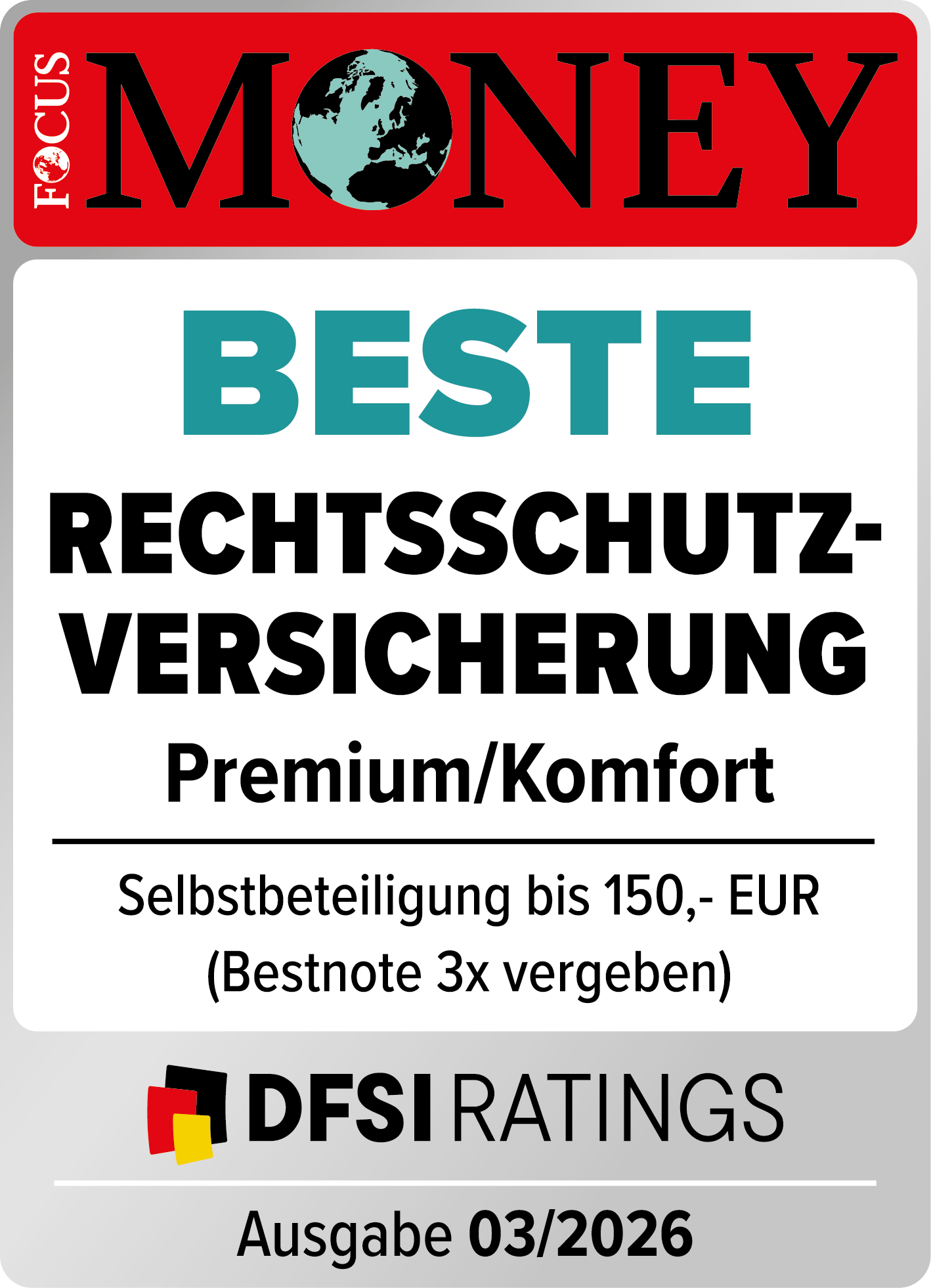Auszeichnung – Beste Rechtsschutzversicherung Premium/Komfort von FOCUS MONEY