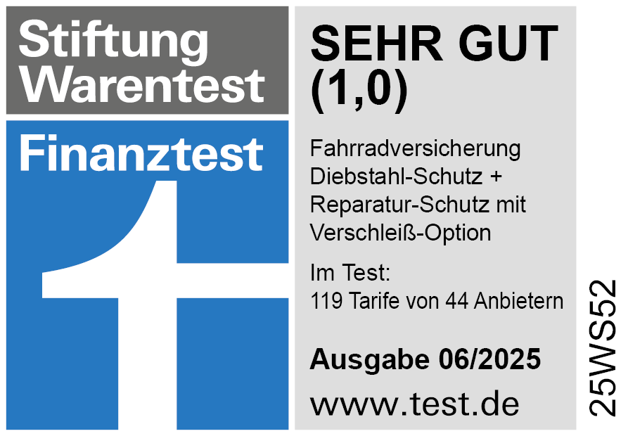 Auszeichnung Stiftung Warentest | Finanztest: Sehr Gut; Fahrradversicherung