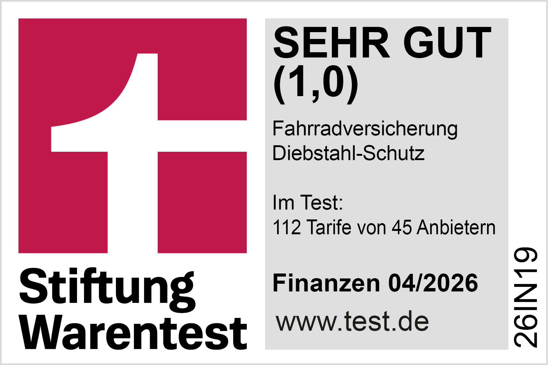 Auszeichnung Stiftung Warentest 2026 | Sehr Gut; Fahrradversicherung