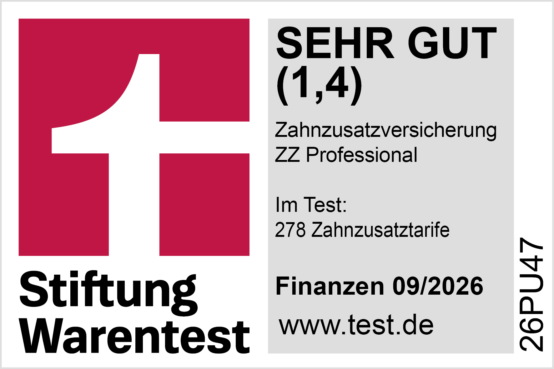 Auszeichnung von Stiftung Warentest. Zahnzusatzversicherung ZZ Professional VRK, SEHR GUT