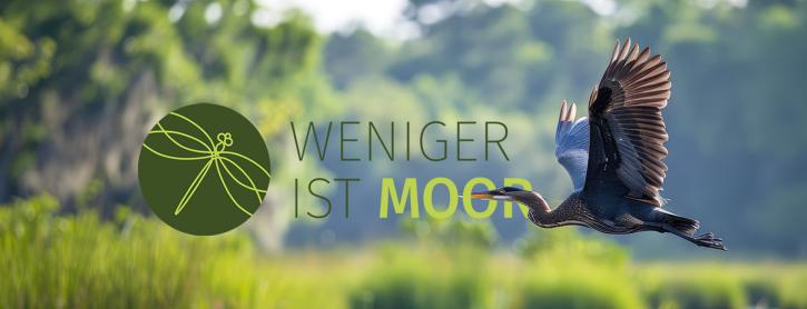 Logo Weniger ist MOOR – Im Hintergrund fliegt ein Reiher über ein Moor.