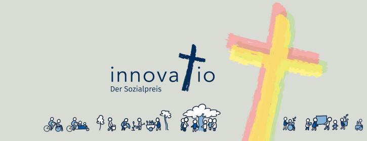 Logo innovatio Sozialpreis mit buntem Kreuz.