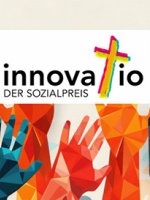 Das Logo des innovatio Sozialpreises und im Hintergrund bunte Illustrationen von Händen.