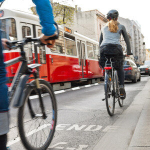 Zwei Fahrradfahrer auf dem Radweg. Es fahren eine S-Bahn und Autos neben ihnen.