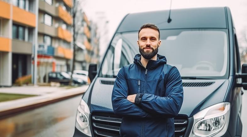Ein Mann steht vor seinem Lieferwagen.