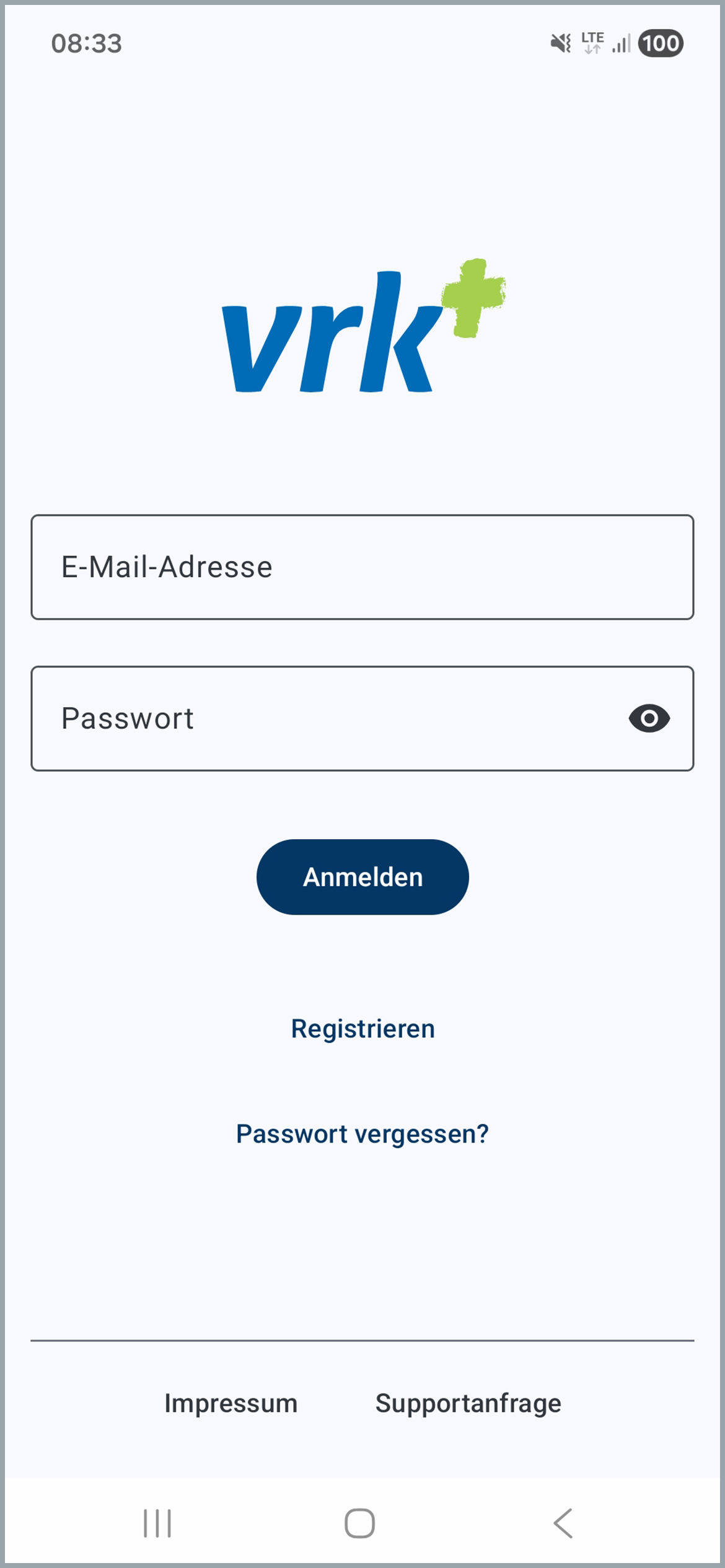 Das Bild zeigt die Anmeldeseite der „Meine Belege“ App. Es sind Eingabefelder für die E-Mail-Adresse und das Passwort zu sehen mit einer Anmelden-Schaltfläche zum Bestätigen der Angaben. Weiter unten sieht man die Punkte „Registrieren“ und „Passwort vergessen?“. Ganz unten sieht man die Punkte „Impressum“ und „Supportanfrage“.
