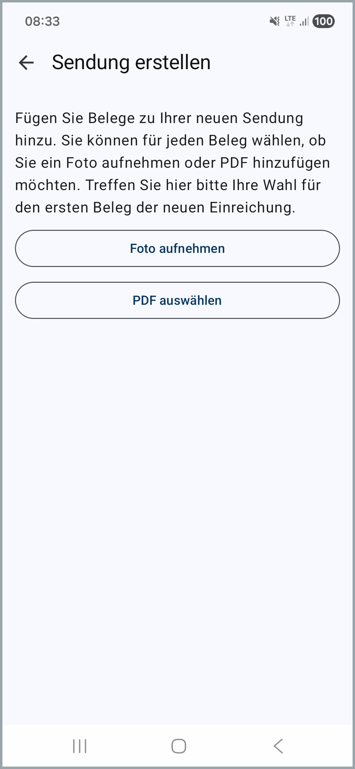 Neben der Überschrift „Sendung erstellen“ ist ein Pfeil nach links abgebildet. Es folgt ein kurzer Text, in dem man aufgefordert wird sich zu entscheiden, ob man ein Foto aufnehmen oder ein PDF für die Sendung auswählen möchte.