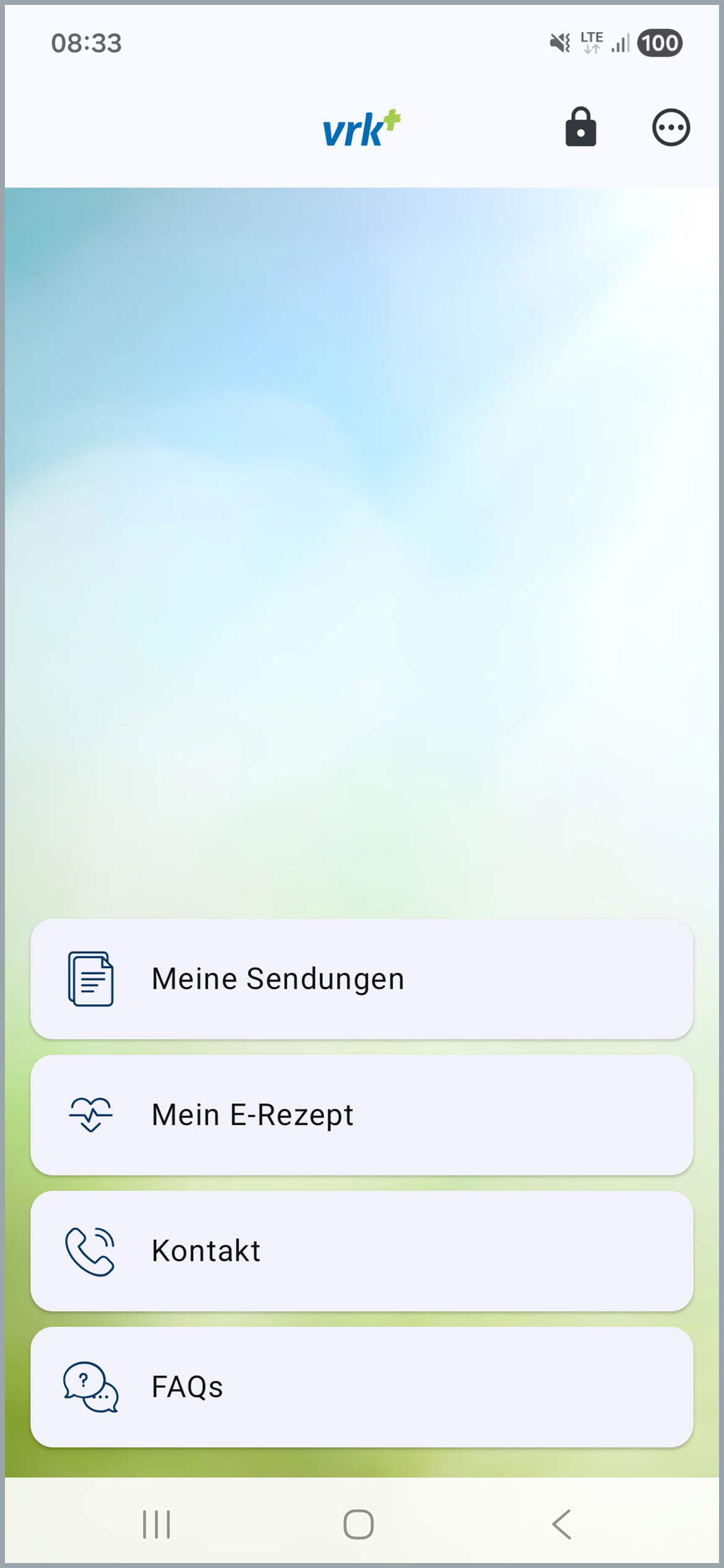Zu sehen ist die Startseite der „Meine Belege“ App. Rechts oben ist ein Schloss und Menüpunkte zu erkennen. Unten sind die folgenden Menüpunkte als Navigationskacheln abgebildet: Meine Sendungen, Mein E-Rezept, Kontakt und FAQs.