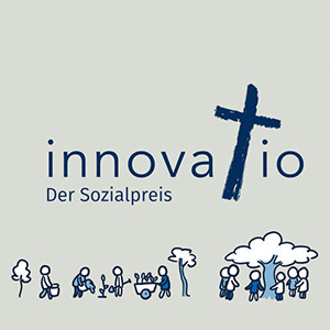 Logo innovatio Sozialpreis mit buntem Kreuz.